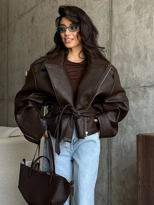 Women Chic Brown Leather Jacket With Belt Chic Full Sleeve Laple Zipper Short Coats 2025 Autumn New Ladies Street Biker Jackets