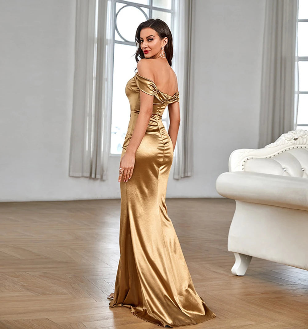 Satin Off Shoulder Split Long Dresses