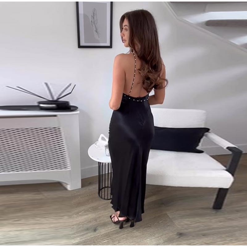 Satin Beaded Halter Sleeveless Long Dress