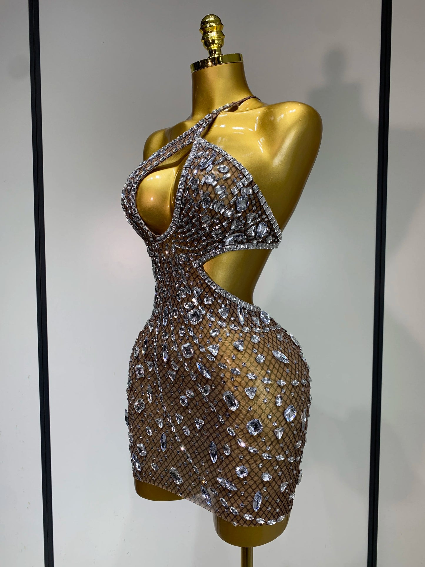 Rhinestone Hollow Backless Mesh Mini Dresses