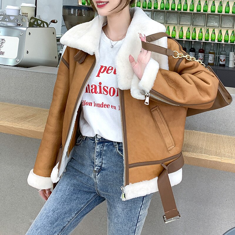 Genuine Leather Coats Real Fur Shearing Lining