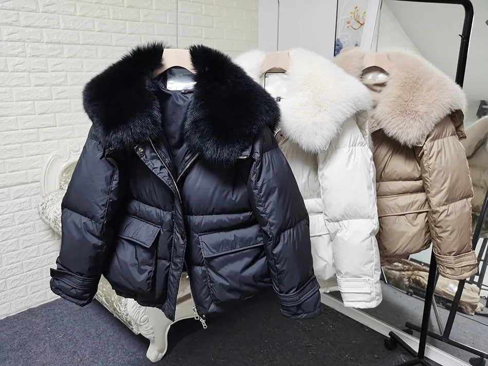 Losse Duck Down Real Fox Fur Collar Parka Puffer Coats