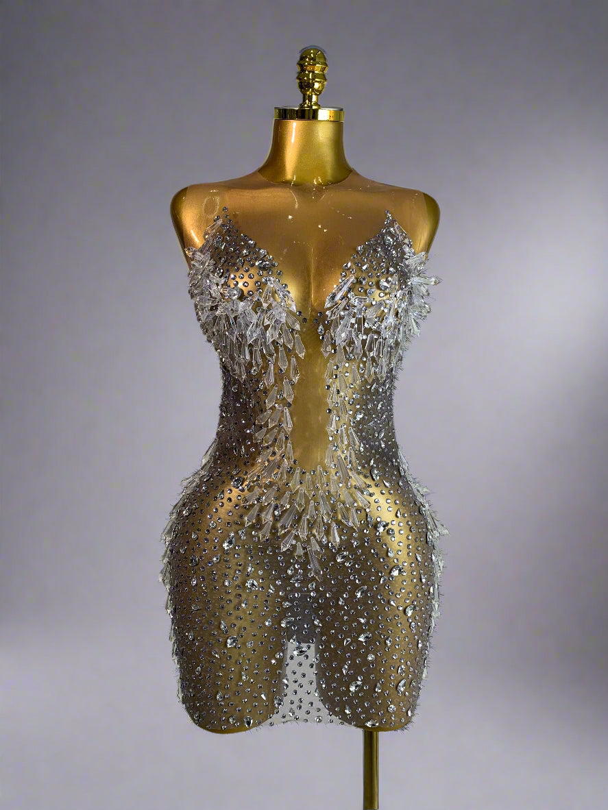 Luxury Mesh Crystal Diamonds Mini Dress