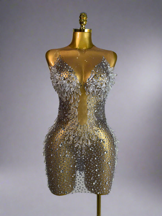 Luxury Mesh Crystal Diamonds Mini Dress