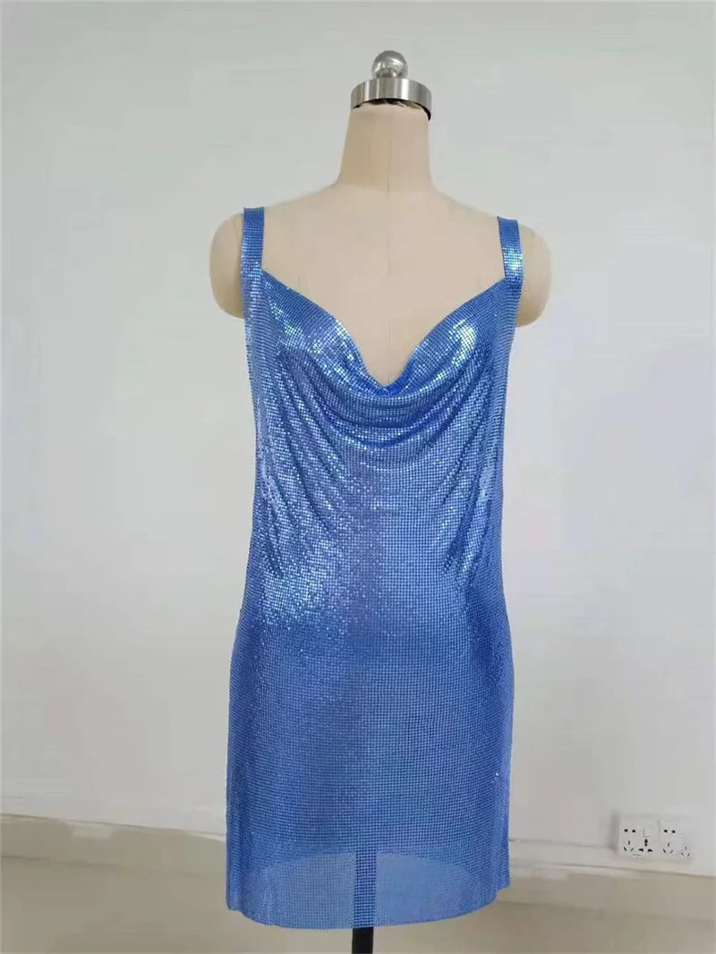 Metallic Chain Halter Metal Backless Mini Dresses
