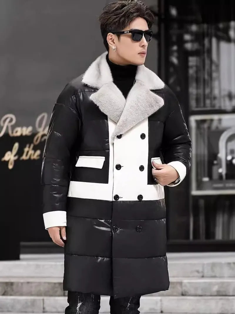 Genuine Leather Long Down Coat Mink Fur Collar