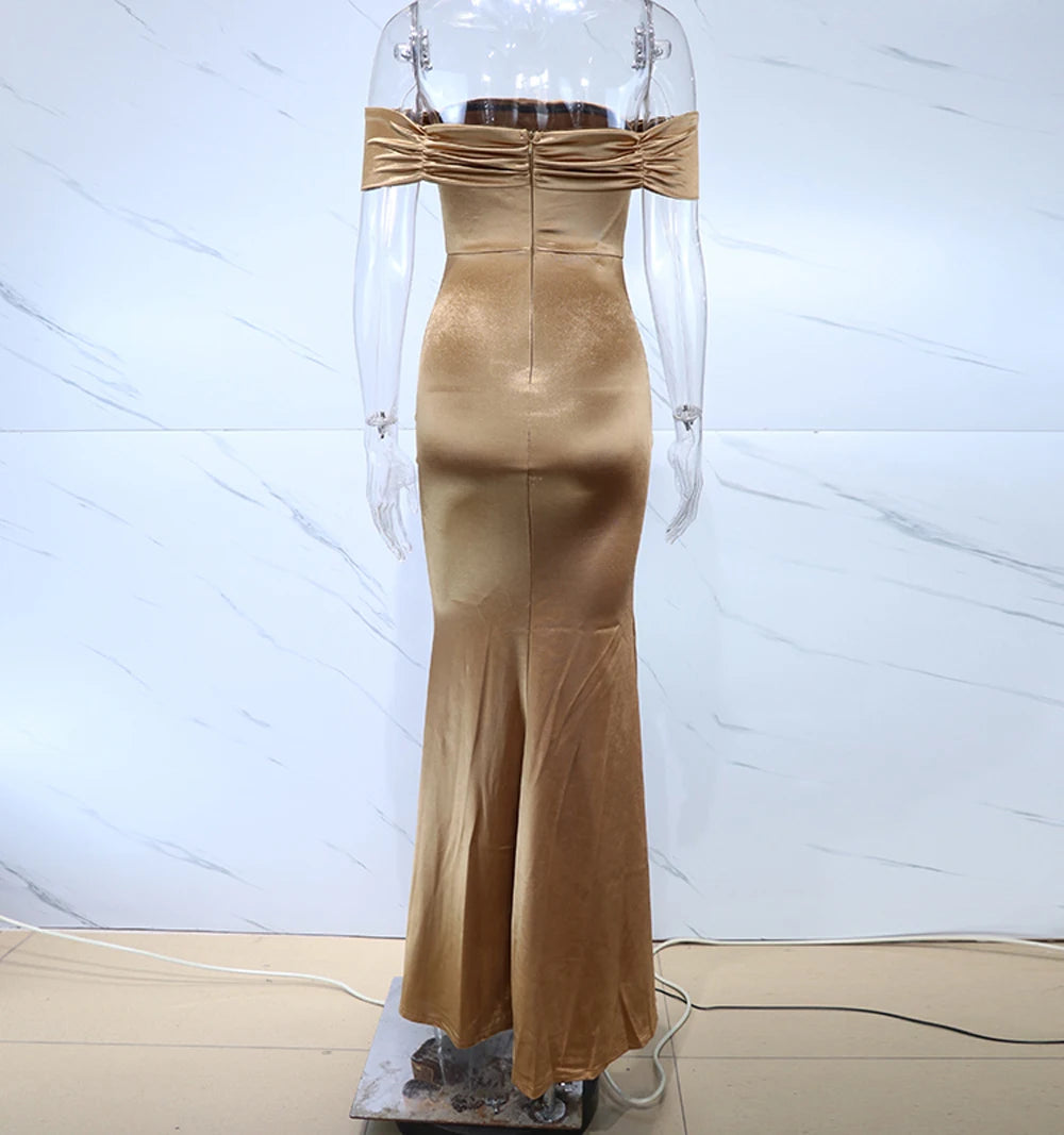 Satin Off Shoulder Split Long Dresses