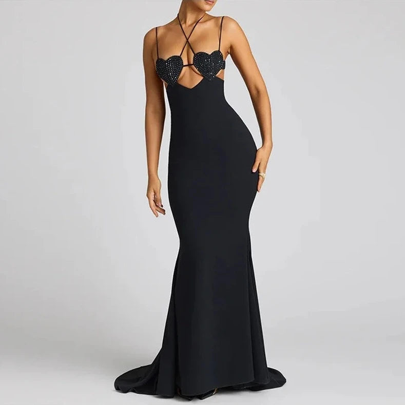 Hollow Shiny Heart Sling Long Dresses