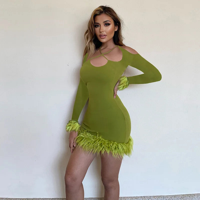 Feather Cuff Long Sleeve & Trim Mini Dresses