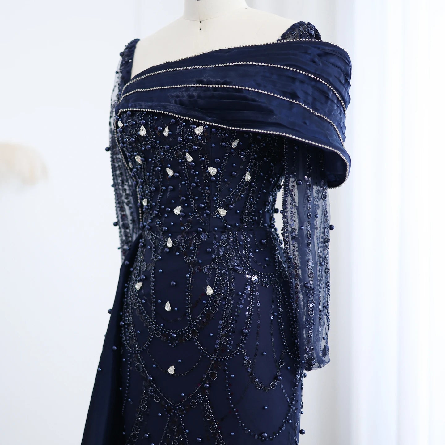 Crystal Shoulder Wrap Long Drape Dresses