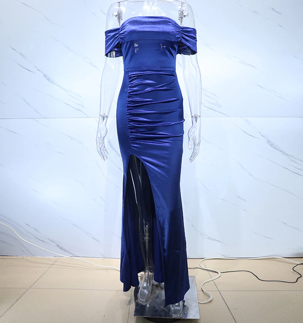 Satin Off Shoulder Split Long Dresses