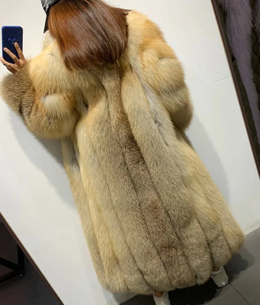 Stripe Big Collar X-Long Real Fox Fur Coat