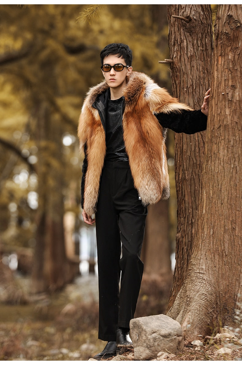 Real Fox Fur Hooded Coats Black Real Mink Fur Sleeves