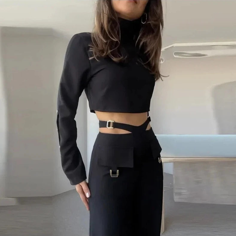 Button Long Sleeve Crop & X-Wide Leg Pant Sets