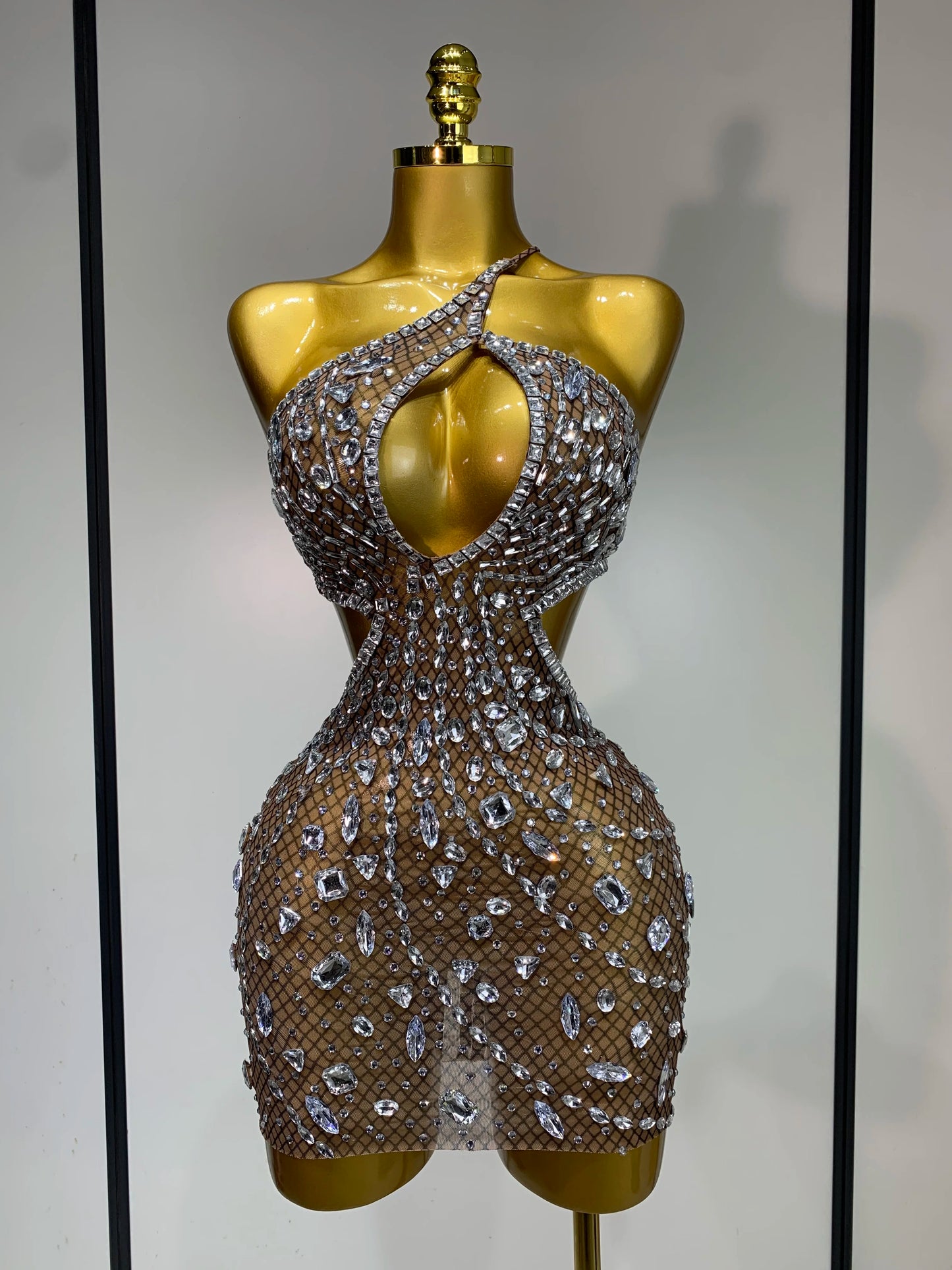 Rhinestone Hollow Backless Mesh Mini Dresses