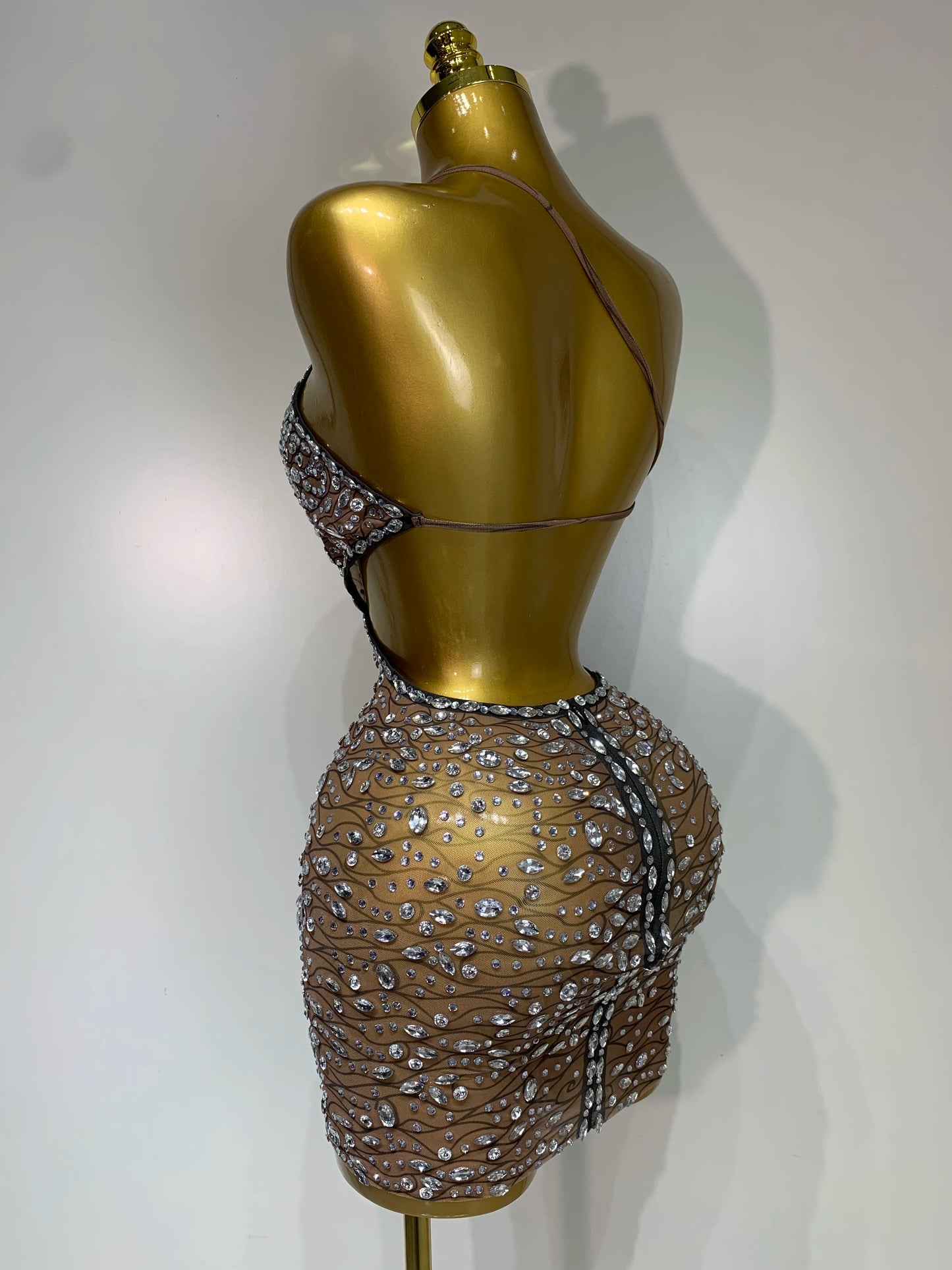 Rhinestone Hollow Backless Mesh Mini Dresses