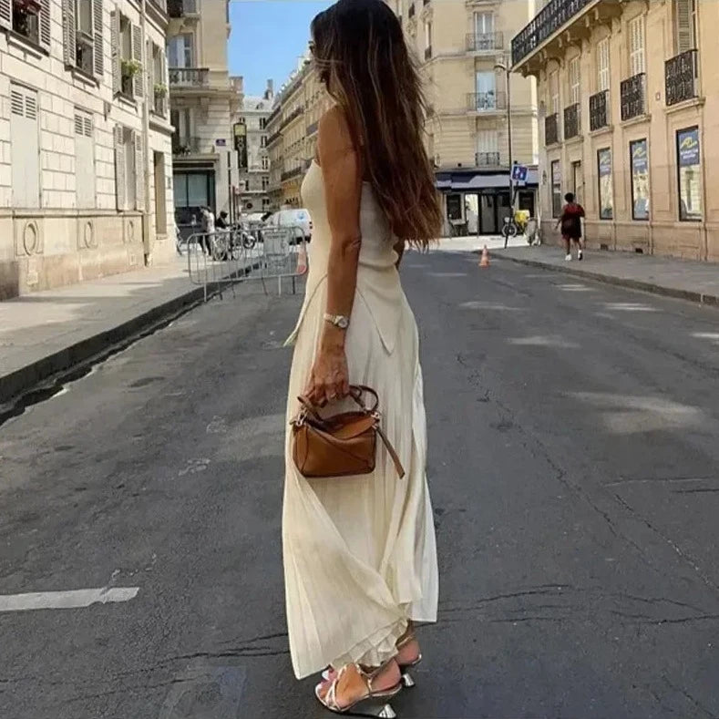 Strapless Pleated Top & High Waist Skirts Sets