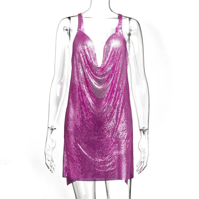 Metallic Chain Halter Metal Backless Mini Dresses