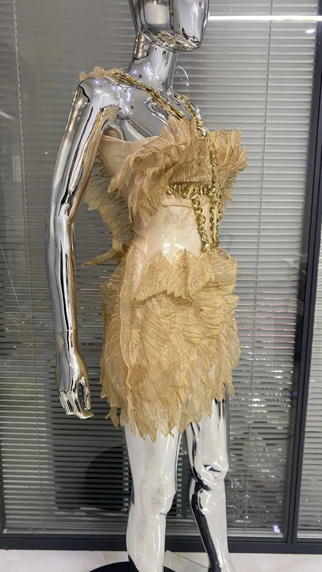 Crystal Wing Feather Mesh Crystal Mini Dresses