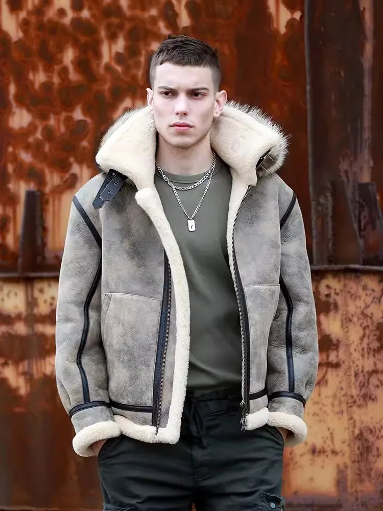 Genuine Leather Hooded Wool Lining Real Fur Coat
