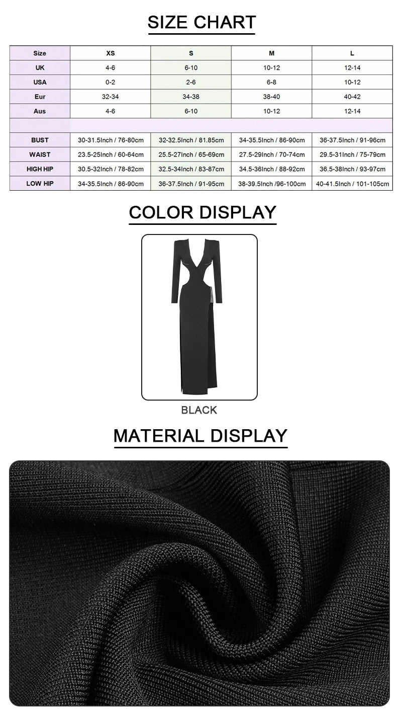 Black Hollow V & Ribs Long Sleeve Maxi Dress