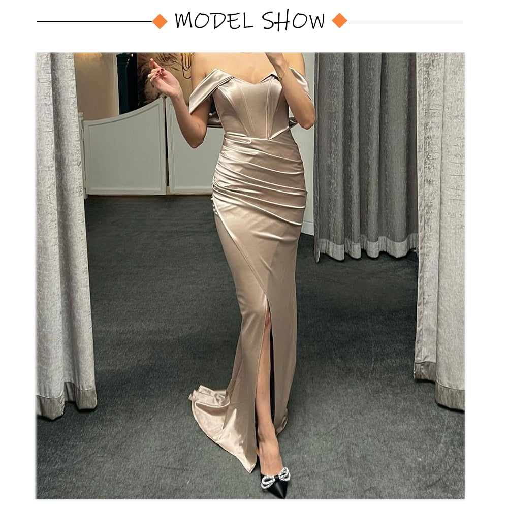 Satin Off The Shoulder Pleated Mid Split Dresses