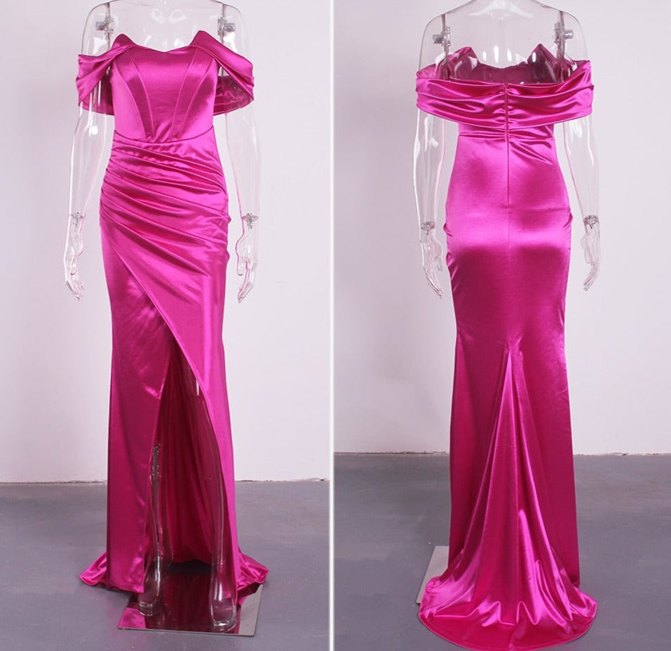 Satin Off The Shoulder Pleated Mid Split Dresses
