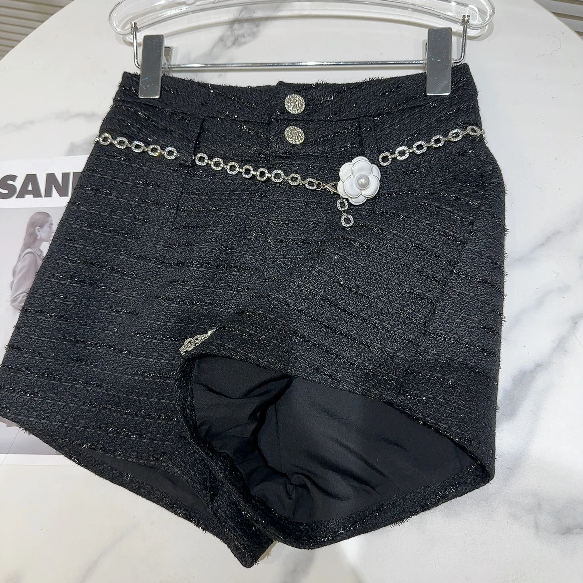 Pearl Flower Double Buttons Waist Chain Tweed Shorts