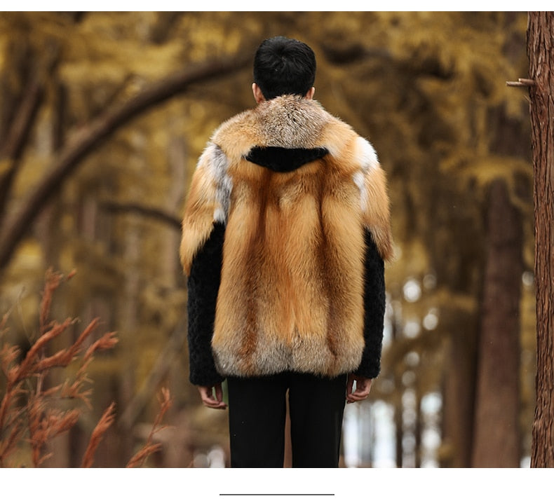 Real Fox Fur Hooded Coats Black Real Mink Fur Sleeves