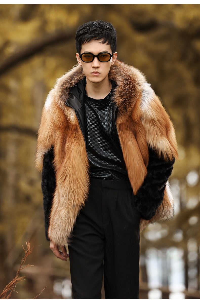 Real Fox Fur Hooded Coats Black Real Mink Fur Sleeves