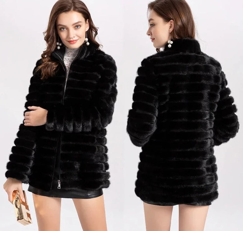 Knitted Natural Real Fur Mink Coats Hooded