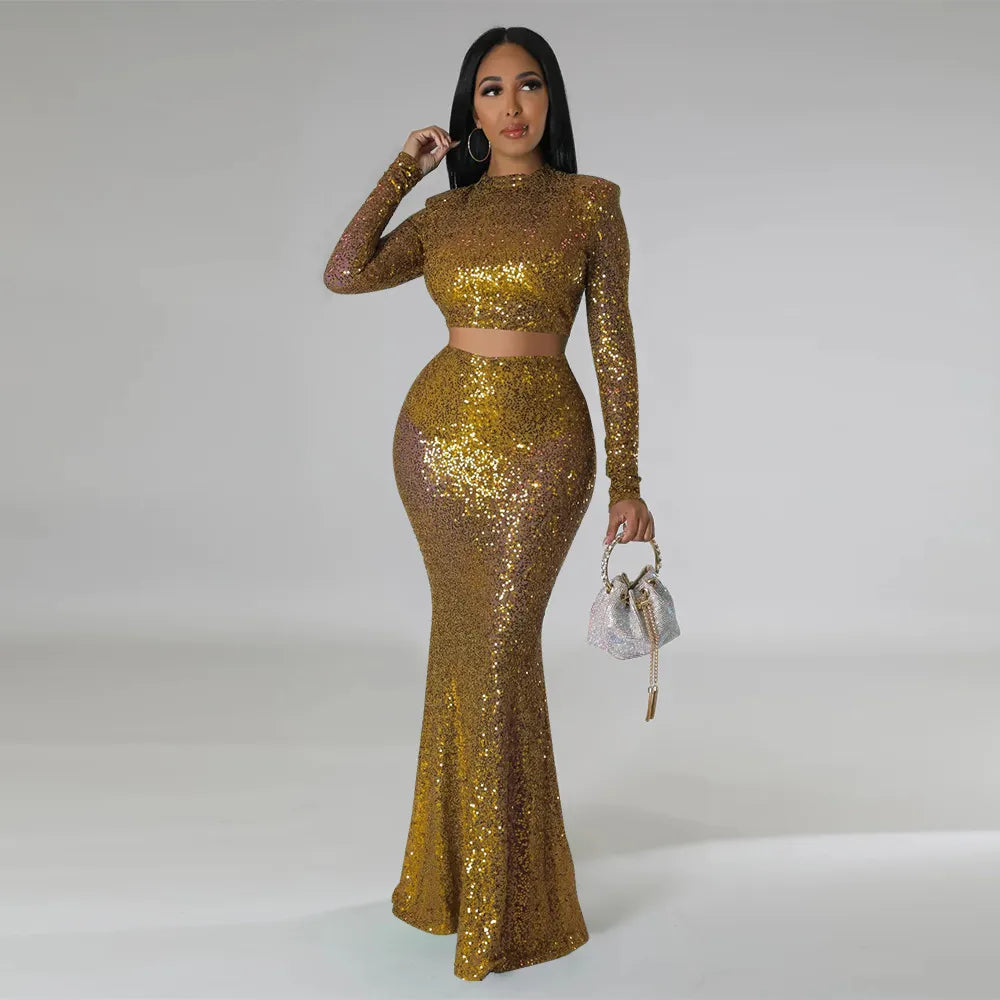 Sequins O-neck Crop Top & Maxi Skirt Sets