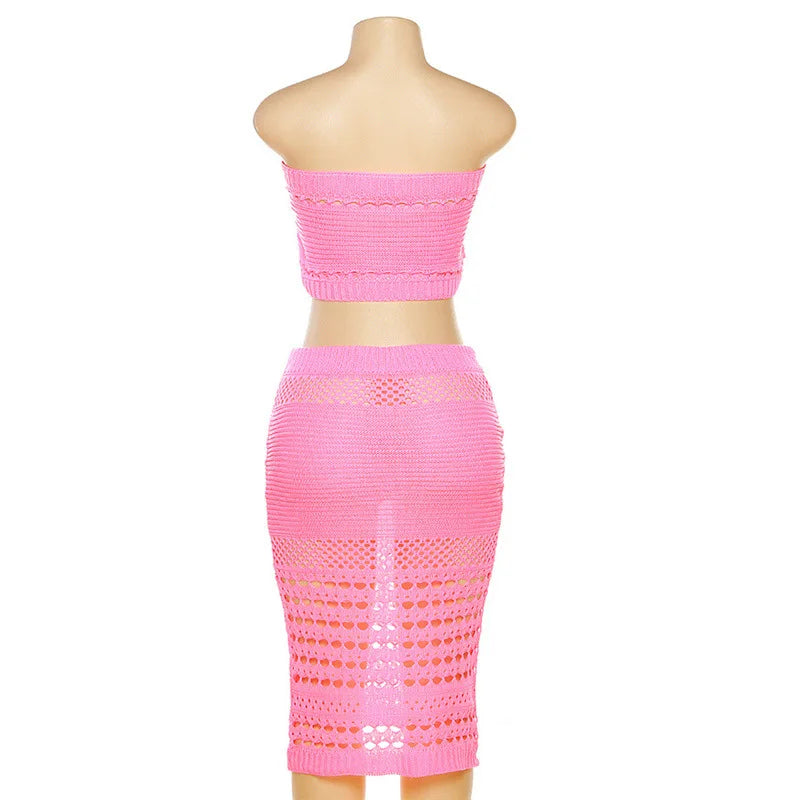 Hollow Knitted Crops & High Waist Midi Skirts Sets