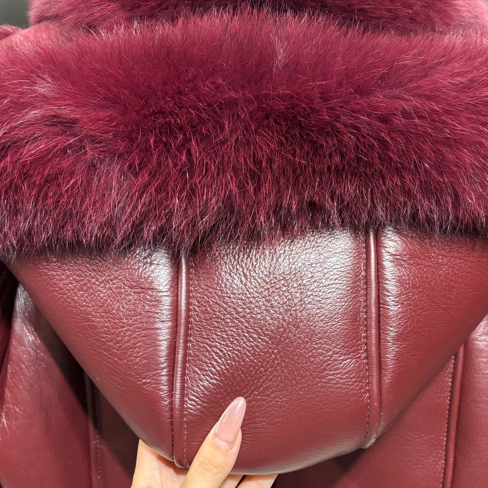 Genuine Leather Coat Shearling Liner Big Fur Collar Hooded