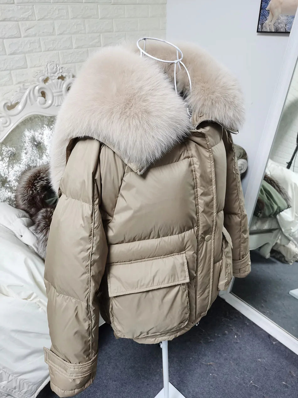 Losse Duck Down Real Fox Fur Collar Parka Puffer Coats