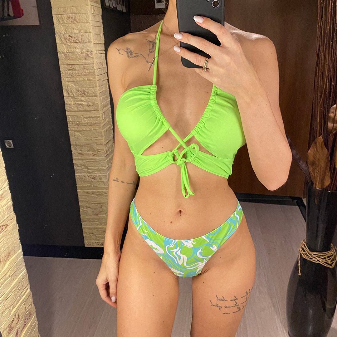 Halter Lace Up Bikini Set & Mini Skirt