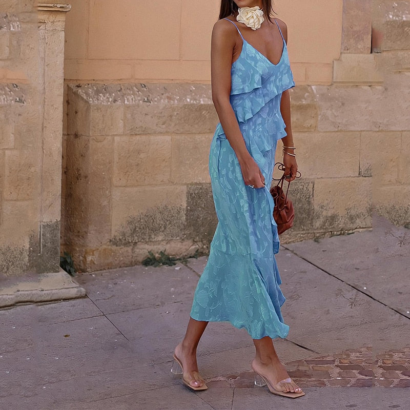 Sleeveless Floral Print Ruffled Slit Maxi Dresses