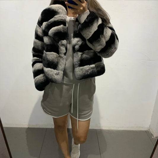 Chinchilla Style Real Rabbit Fur Coat Short