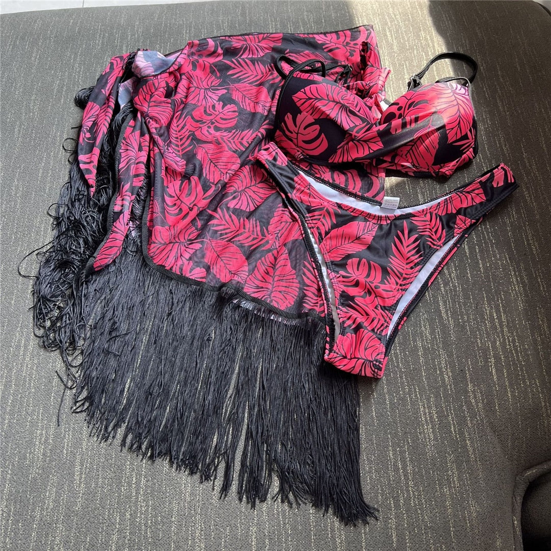 Print Sarong Bikini Sets & Tassel Mini Skirt