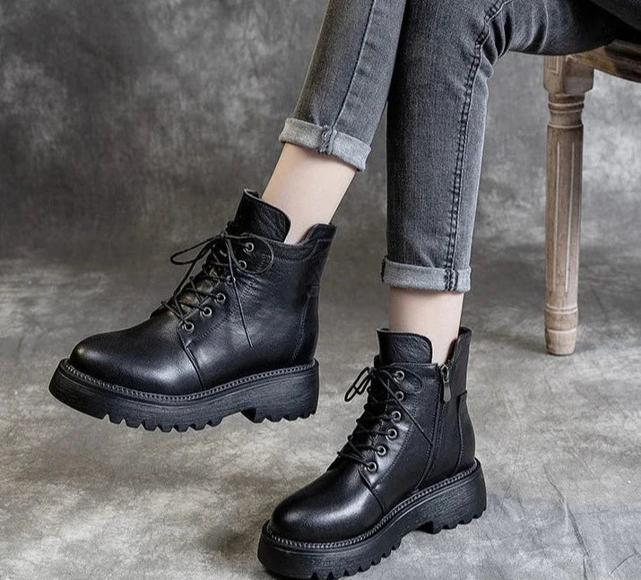 Black Platform Genuine Leather Ankle Boots