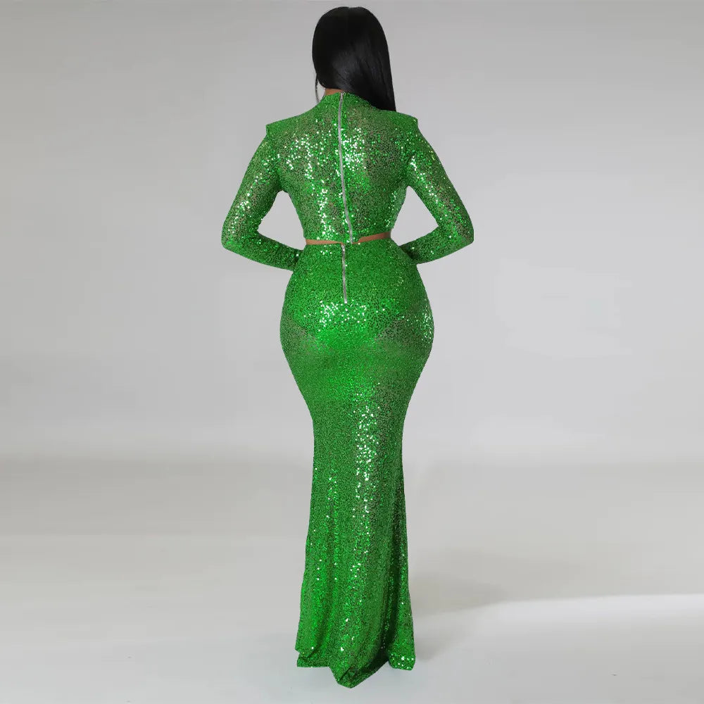 Sequins O-neck Crop Top & Maxi Skirt Sets