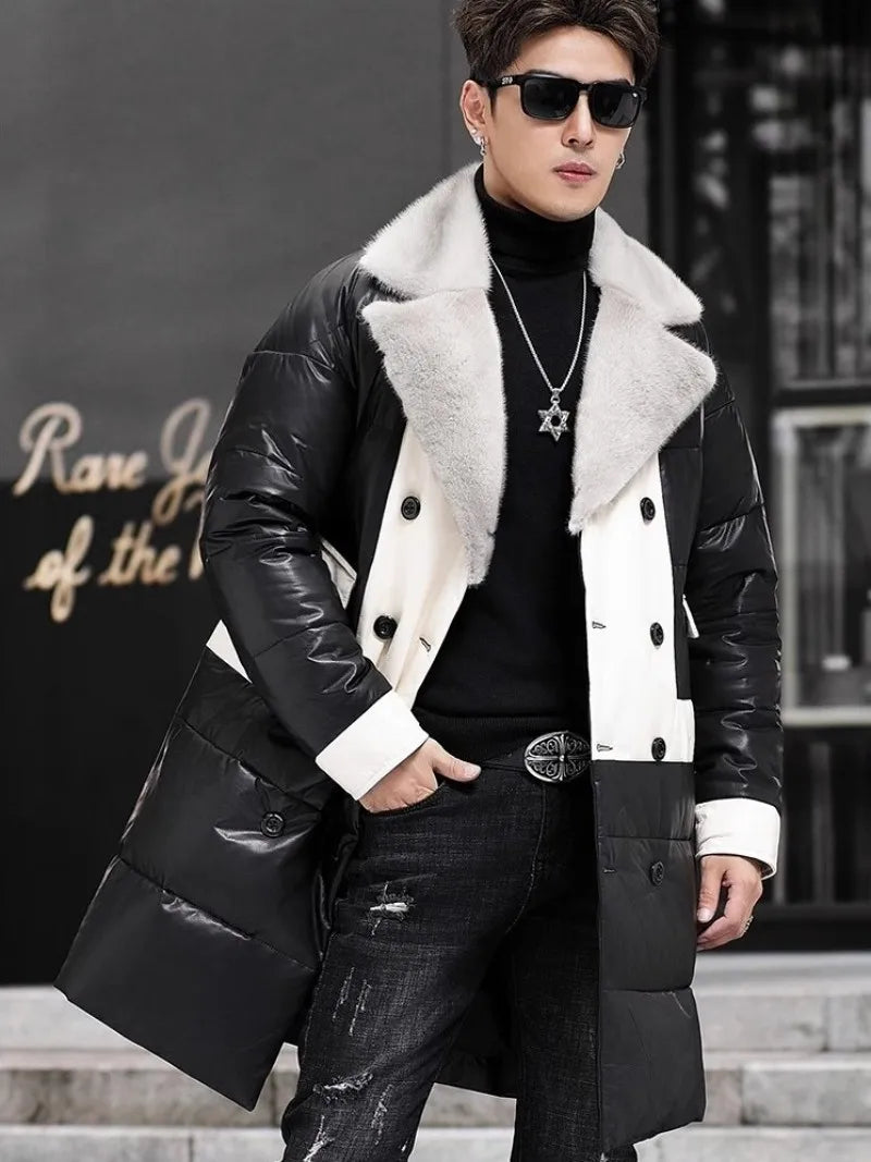 Genuine Leather Long Down Coat Mink Fur Collar