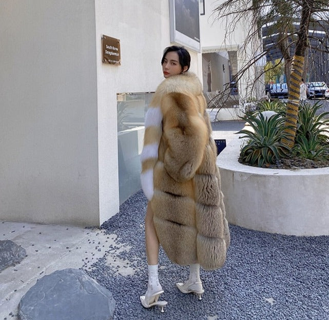 Long Thick Collar Real Fox Fur X-Long Coats