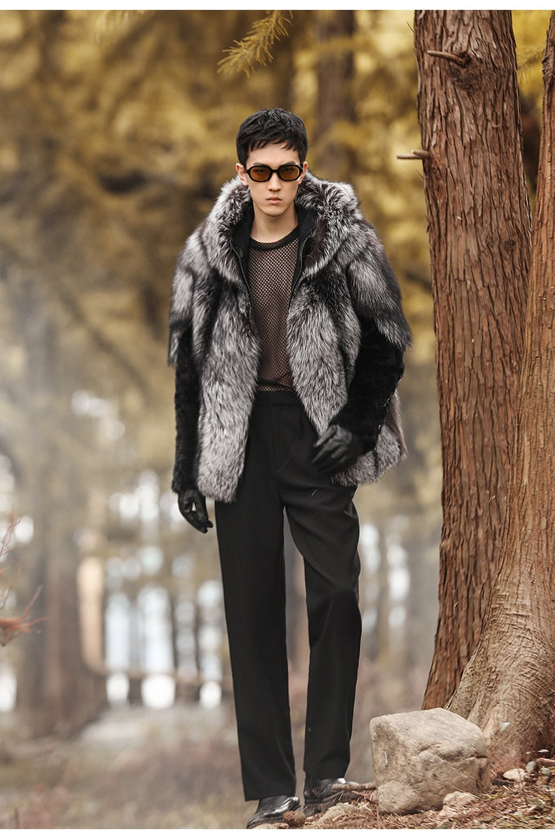 Real Fox Fur Hooded Coats Black Real Mink Fur Sleeves
