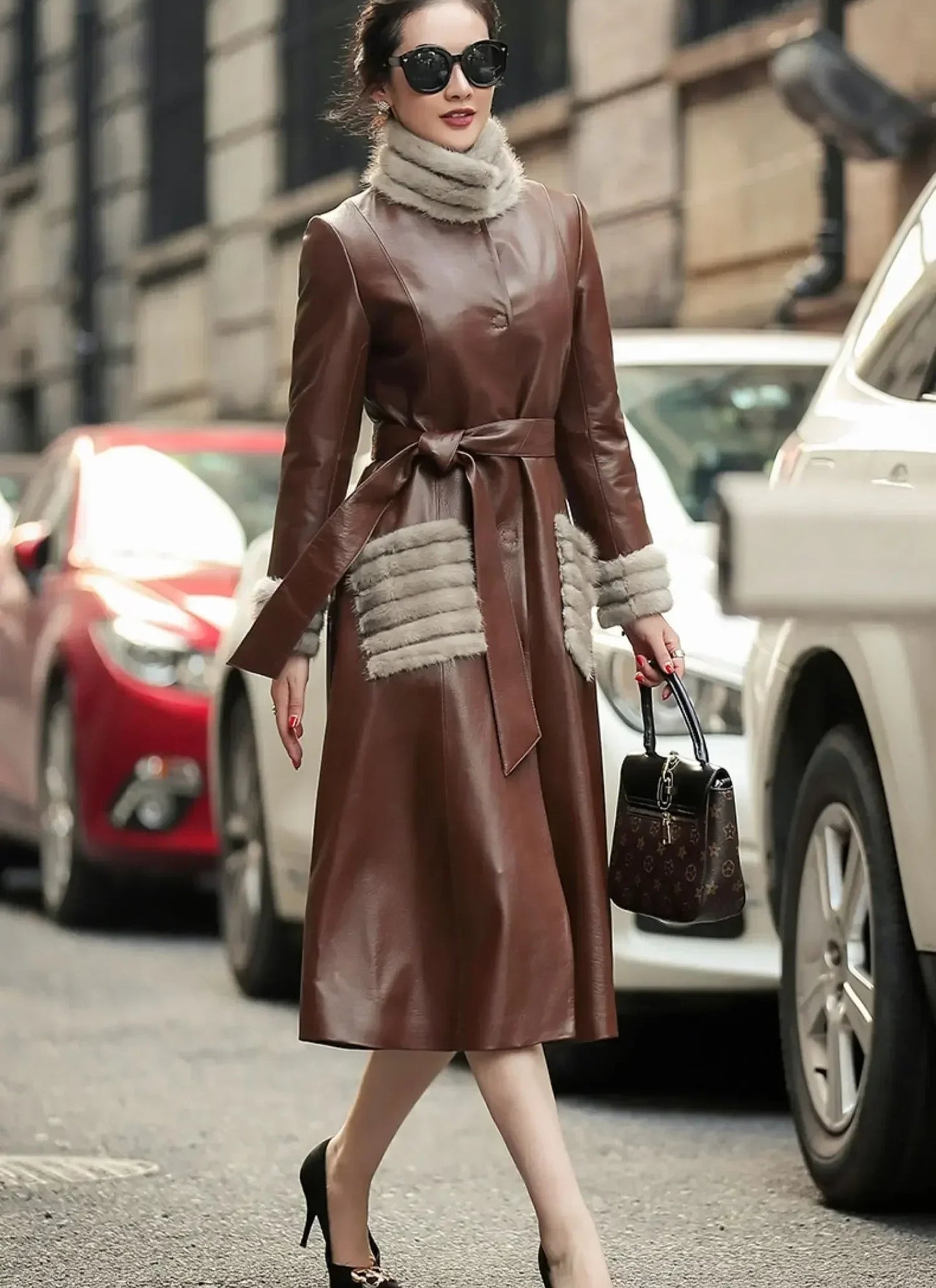 Genuine Leather Long Down Coats Real Mink Fur