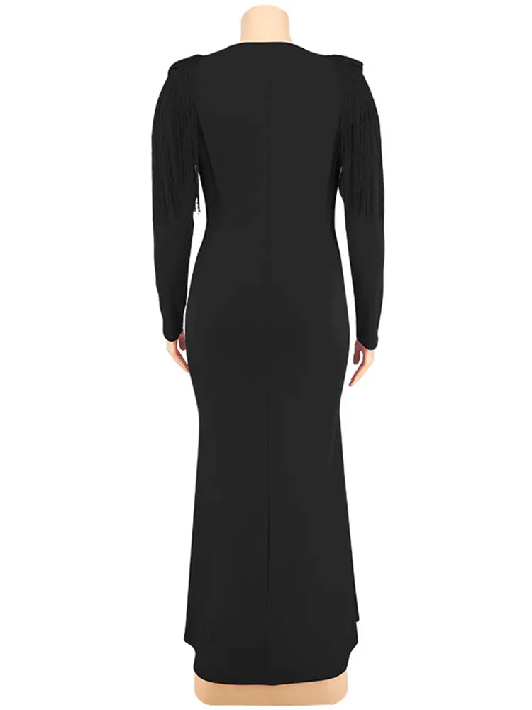 Tassel Shoulders Deep V Maxi Dresses Plus Size