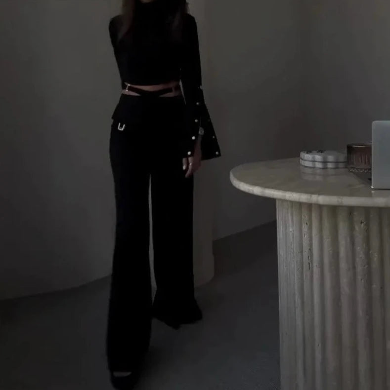 Button Long Sleeve Crop & X-Wide Leg Pant Sets