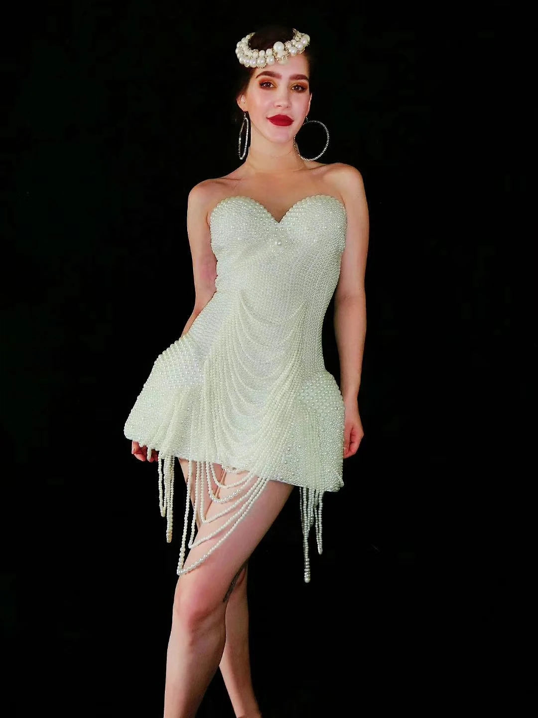 Pearls Beaded Sleeveless Bodysuit/Mini Dress