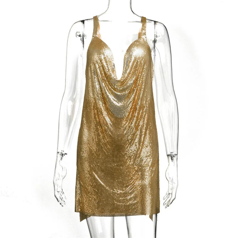 Metallic Chain Halter Metal Backless Mini Dresses