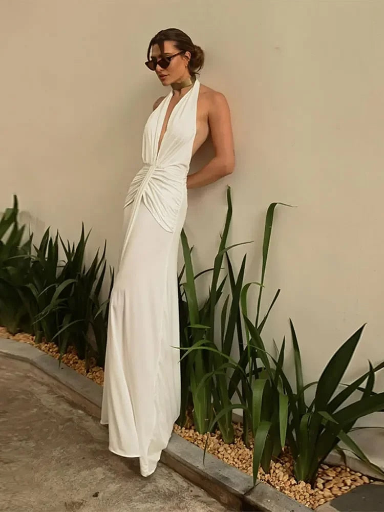 Pleated Deep V Halter Backless Maxi Dress